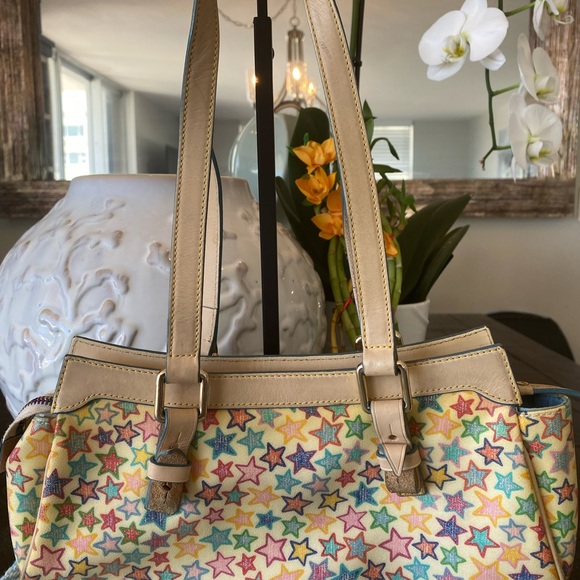 COPY - Dooney & Bourke Clutch Star Pattern ( Tan/Multicolor ) w/ Gold Hardware - Picture 2 of 8